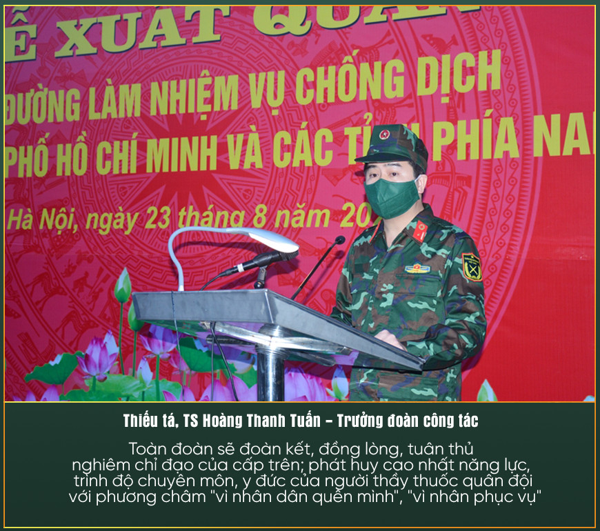 Thiếu tá, Tiến sĩ, Bác sĩ Hoàng Thanh Tuấn phát biểu nhận nhiệm vụ tại lễ xuất quân của Bệnh viện Bỏng Quốc gia Lê Hữu Trác